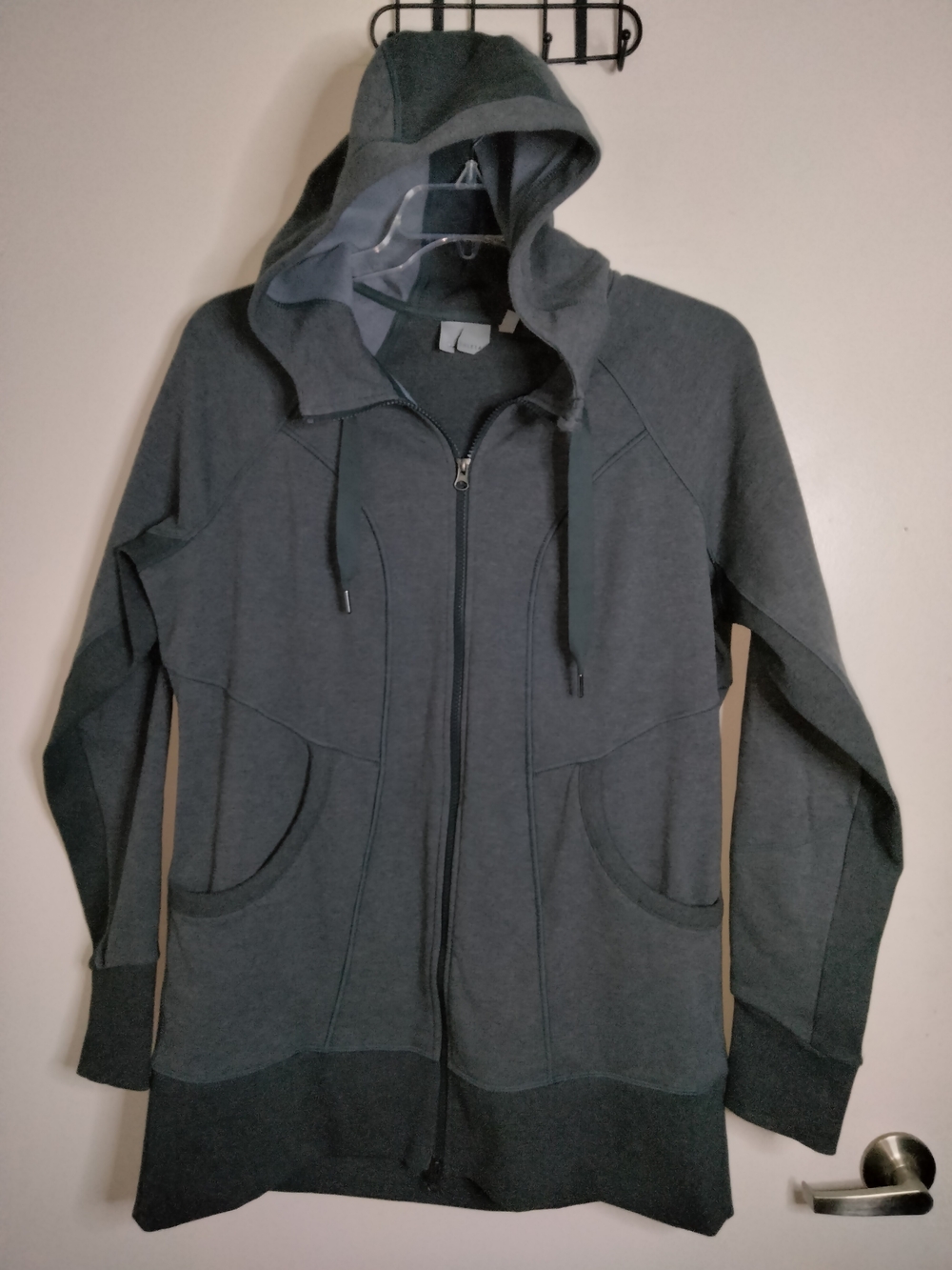 Athleta (Sz XL) Dark Gray Stretch Thumbhole LS Hooded Full Zip-Up Sweater Jacket